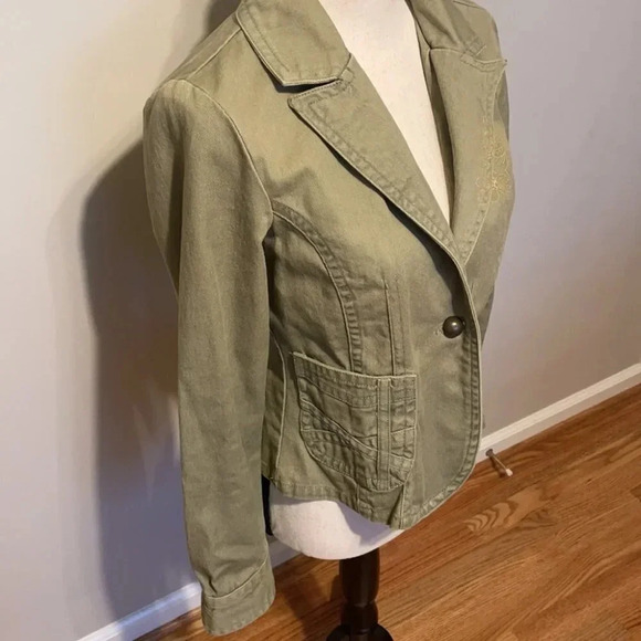 SO Olive Green Cotton Denim Jacket Gold Floral L - Picture 3 of 9